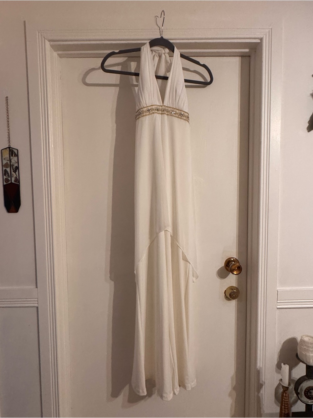 Elegant Cream Halter Evening Body Suit with Beaded Waist